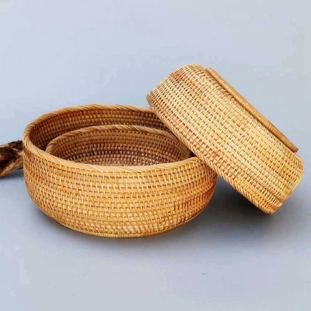 ラタンバスケット ラウンドデザイン トレイ兼ストレージホルダー ダイニングルームやキッチンで使用可能 天然籐素材 手作り編み込み パ