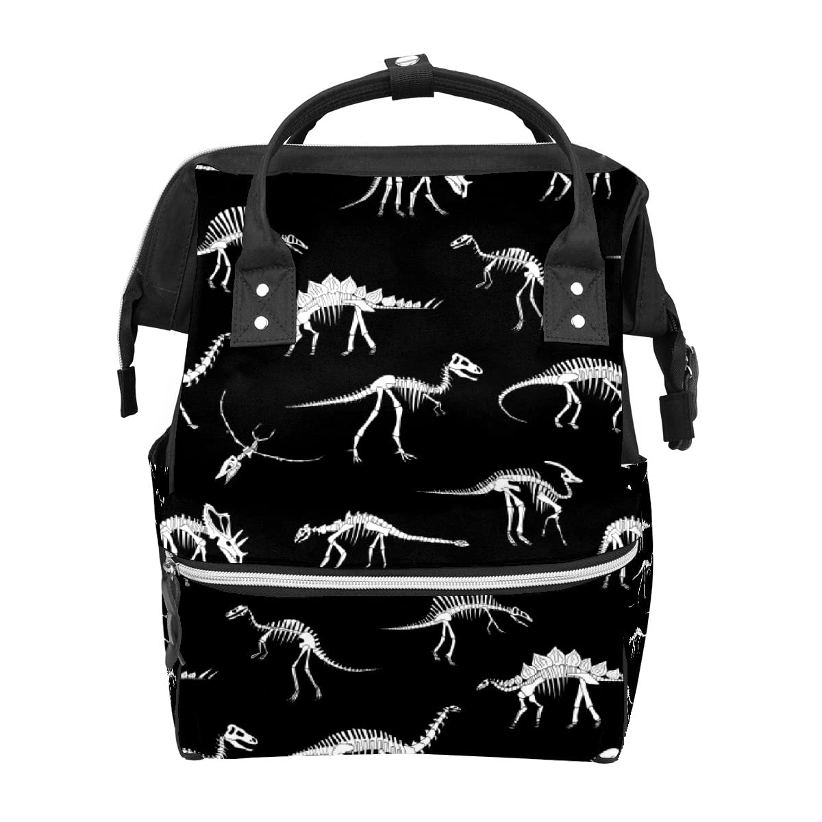 GACTIVITY Black And White Dinosaur Skeleton Diaper Bag Travel Backpack Large Capacity Multi-Function Zipper Casual Travel Backpacks for Mom Dad Unisex