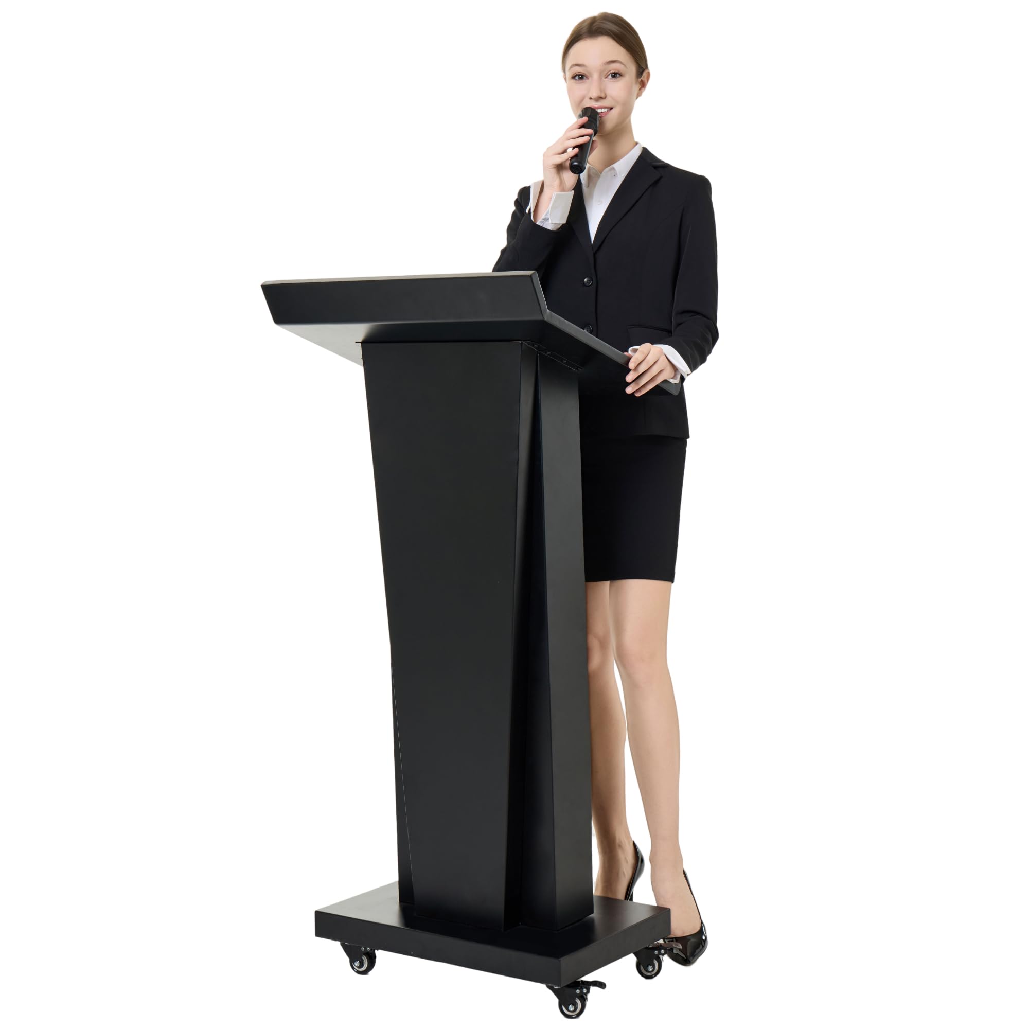 Podium Stand Portable with 4 Locking Wheels, Heavy Duty Metal Lecterns and Podiums for Conference Church Office School Home Events, Large Storage Area, Slant Desktop, 50.4" H - Black
