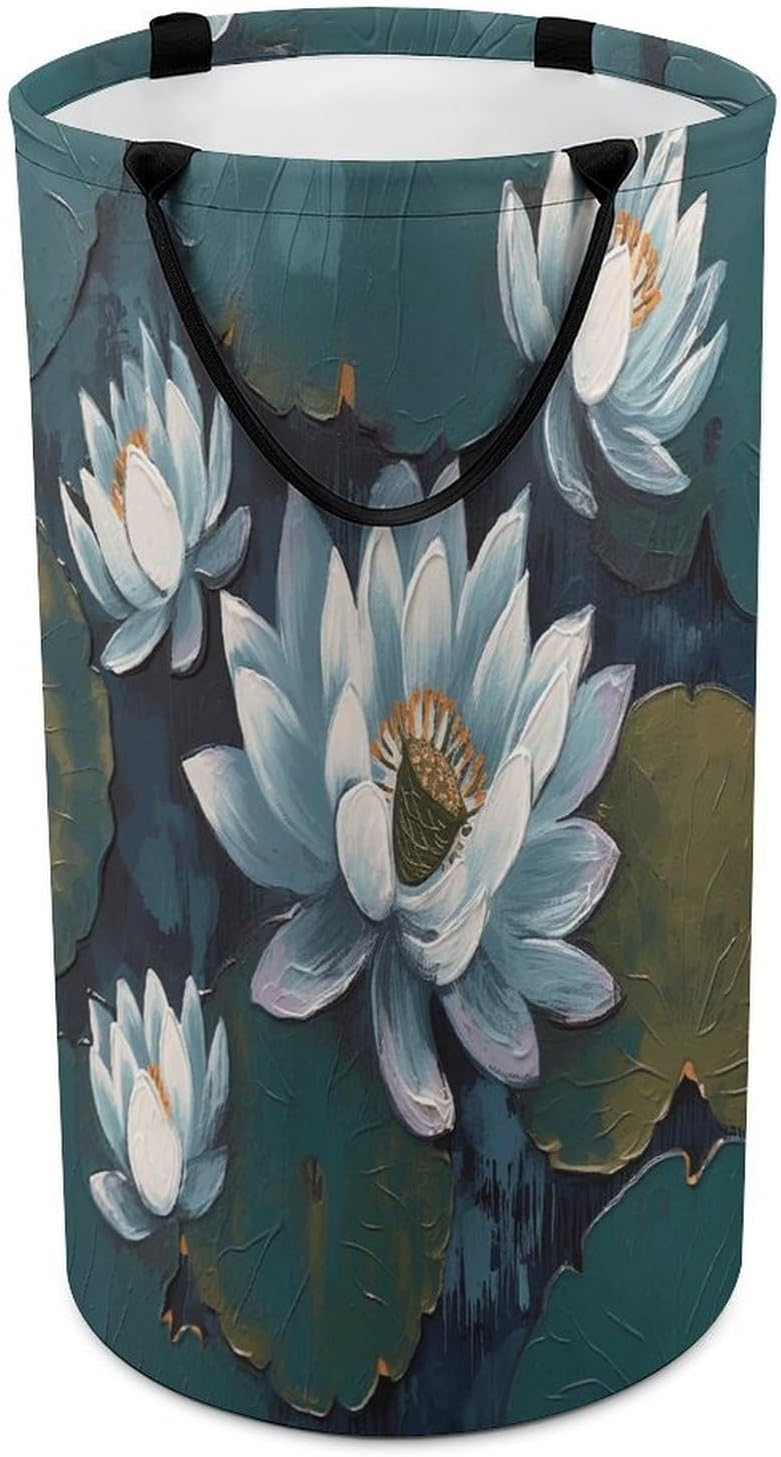 Hand Painted Lotus Laundry Hamper Large Collapsible Laundry Basket with Handles Waterproof Clothes Hamper Portable Dirty Clothes Basket for Bedroom Laundry Room Closet Bathroom