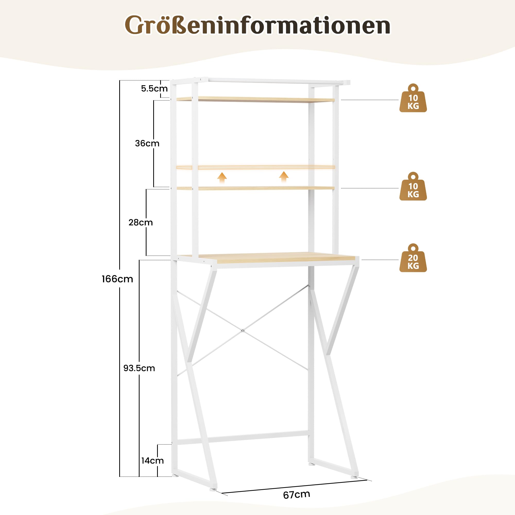 APICIZON Waschmaschinenregal mit Handtuchhalter, Toilettenregal, 3 Tier Waschmaschinenschrank, 67 × 40 × 165 cm, Modedesign, für Badezimmer, Küche, Balkon, Natürlich & Weiß