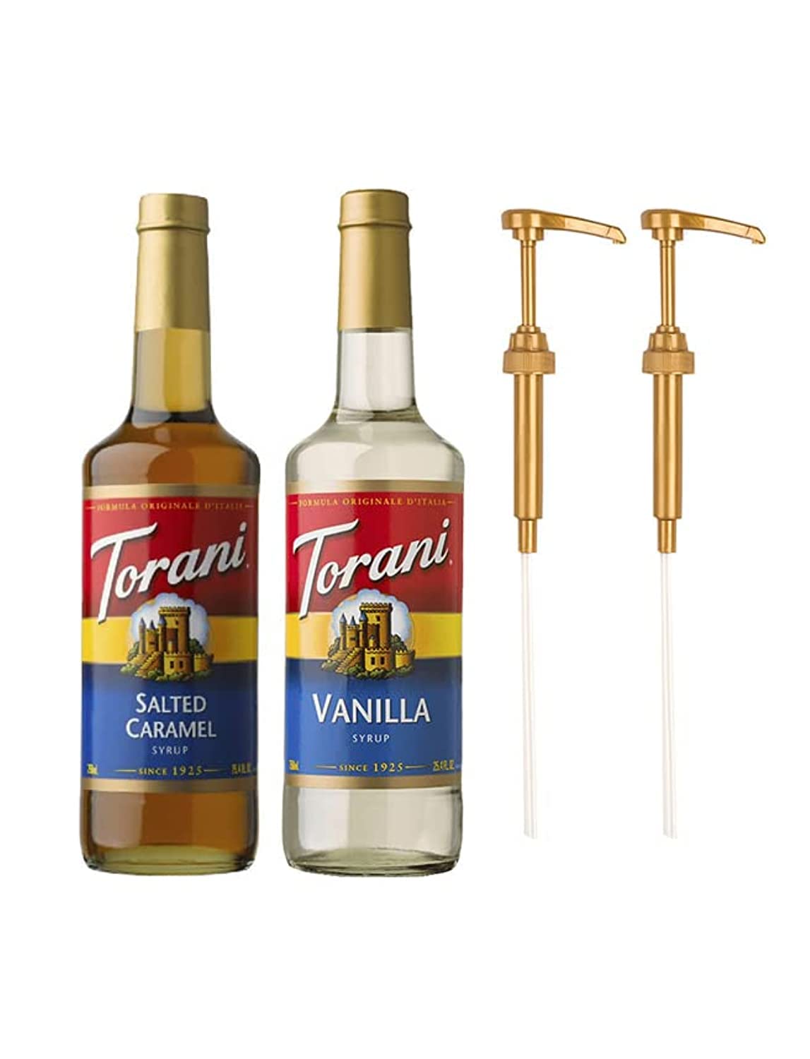 Torani Syrups - Vanilla & Salted Caramel Coffee Syrup Flavoring - 750 ml Bottle (Pack of 2) + 2 Syrup Pumps…
