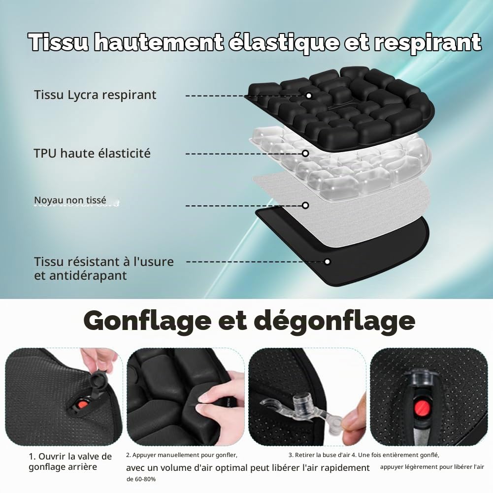 Coussin d'assise anti-escarres gonflable anti-escarres 45 x 40 cm Noir Coussin anti-escarres avec cellules d'air 3D pour soulager le coccyx au bureau, voiture, fauteuil roulant, voyage