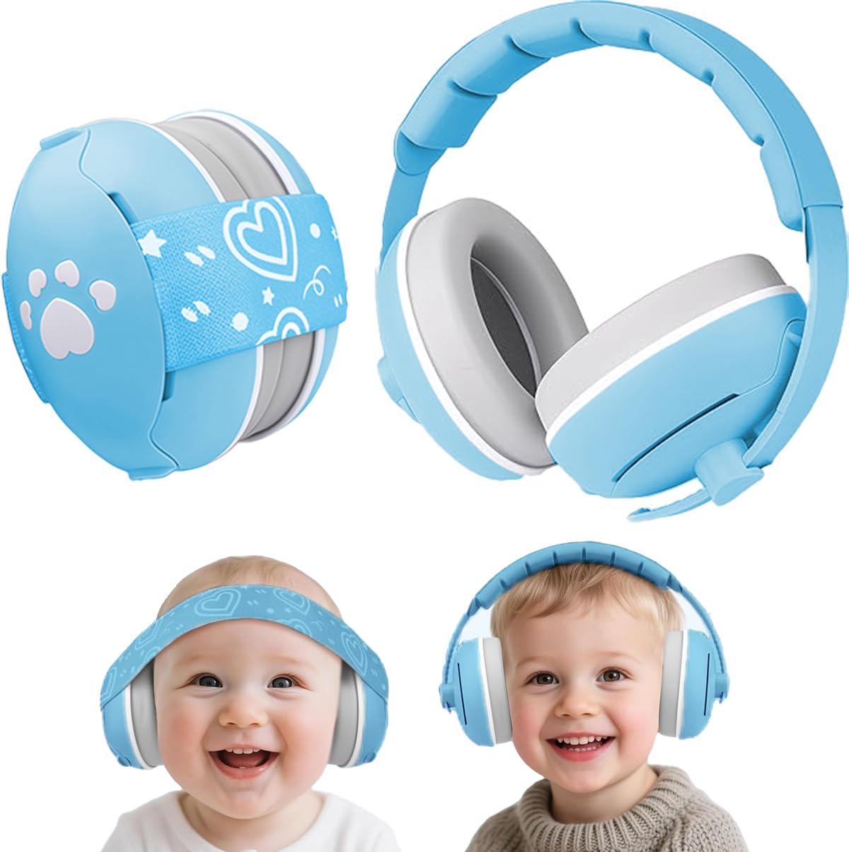 SHOCHX 2 In 1 Gehörschutz Baby, 25db Lärmschutz Herz Kopfhörer Kinder, mit Geräuschunterdrückung, Baby Gehörschutz Ohrenschützer für Bis 48 Monate ideal für Alltag & Reisen (Blau)
