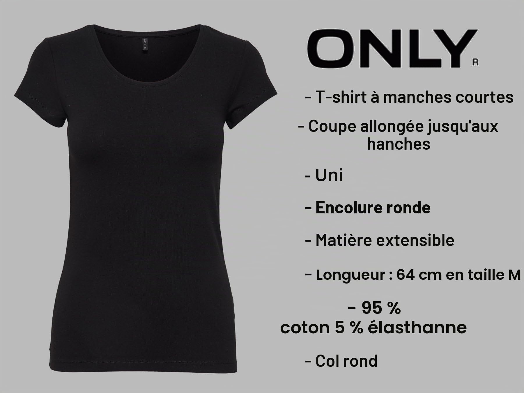 ONLY - 15209153 - Lot de 3 t-shirts pour femme - Noirs ou blancs - Manches courtes - Longs - Basiques - T-shirts d'été - Tailles XS, S, M, L et XL