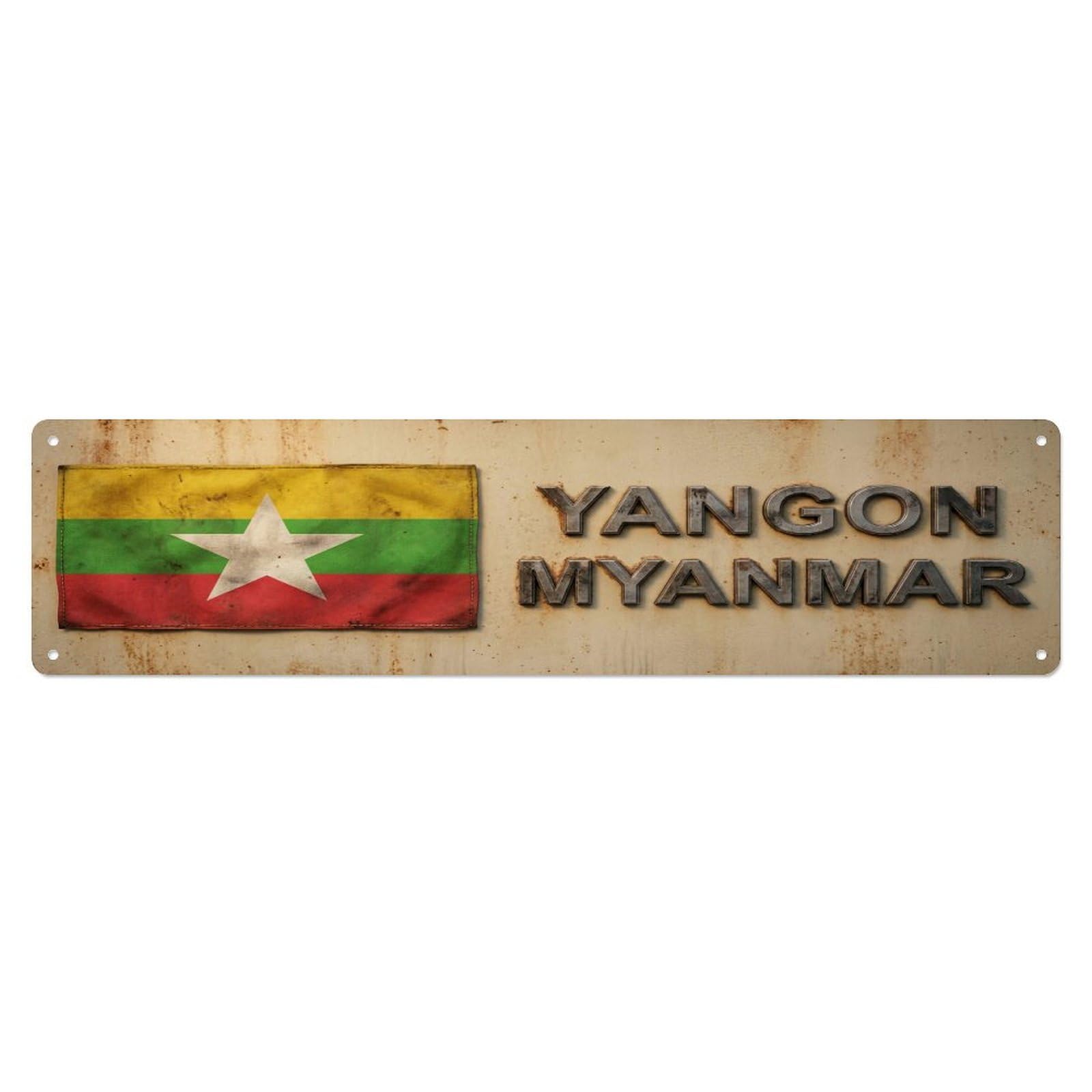 Okahys 4X16inch(10X40cm) Vintage Yangon Myanmar Flag Decor Rustic Travel Metal Tin Sign