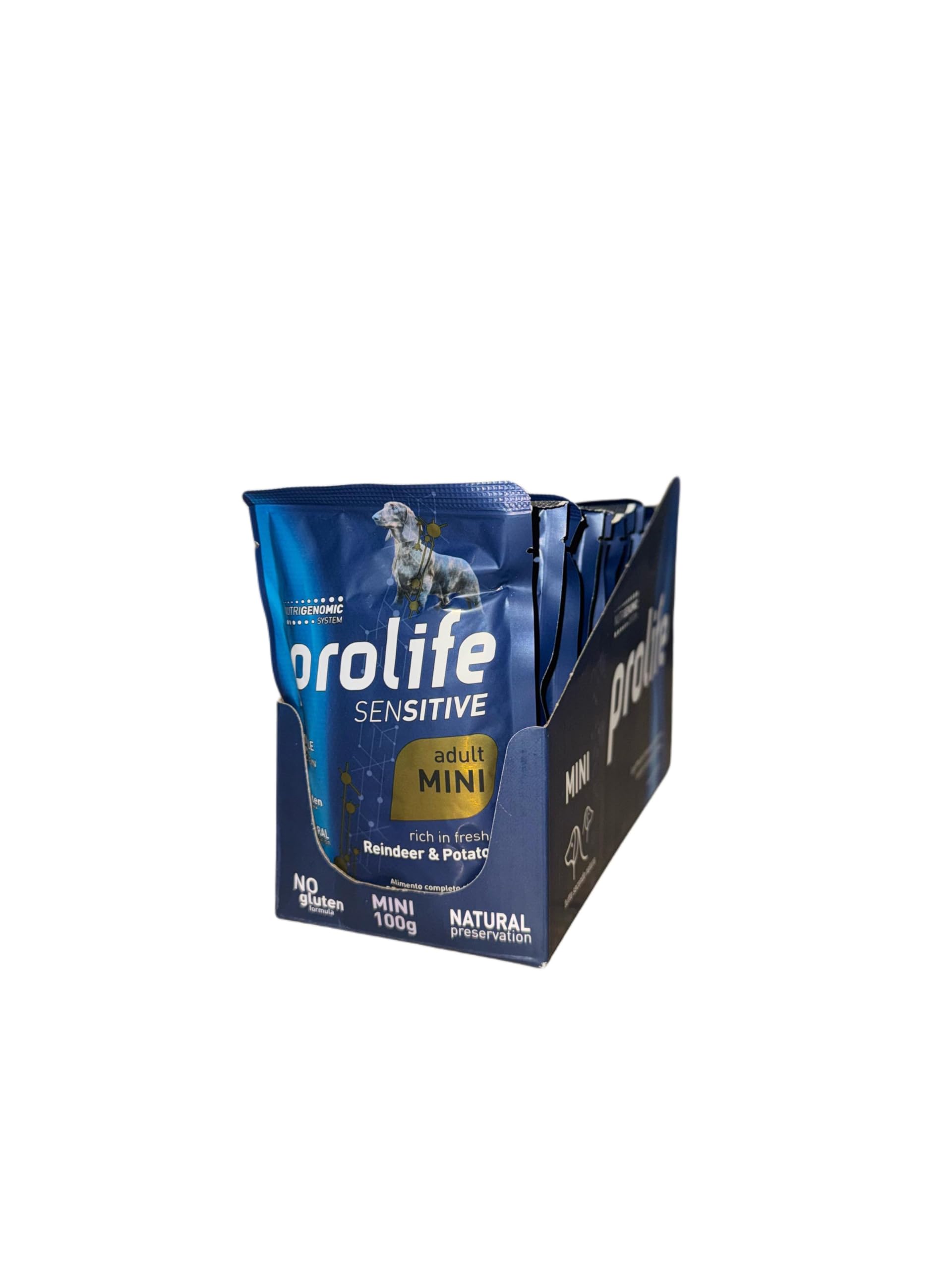 Prolife Umido Cane Sensitive Adult Mini, alimento completo per cani adulti di tutte le taglie, gusto RENNA FRESCA e PATATE 100g | 12 bustine da 100 grammi l'una.