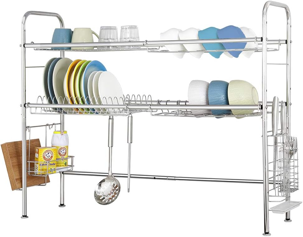 Nandae 2-Tier Over The Sink Drying Rack for Kitchen Stainless Steel Dish Dryer Length Adjustable, Silver