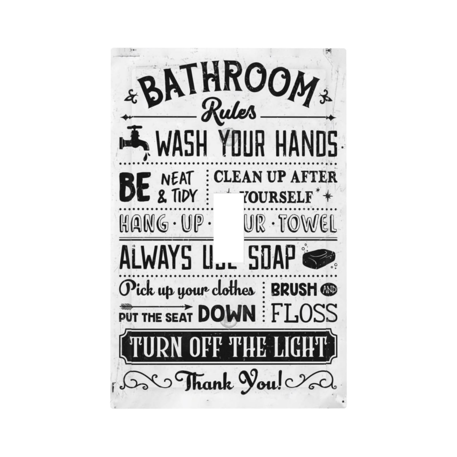 Funny Bathroom Toilet Rules Inspirational Quotes Decorative Single Toggle Device Decorator Outlet Light Switch Wall Plate Cover Rustic White Wood 1-