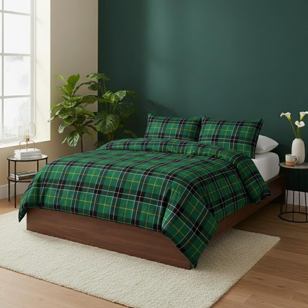 Pro Home Tartan Check Flannelette Duvet Cover Set – Warm & Cozy 100% Brushed Cotton Reversible Bedding Quilt Covers with Pillowcases (Green, Double)