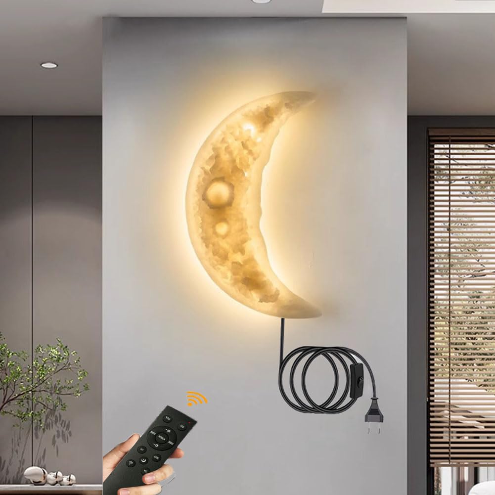 HYJAUSXB LED Moon Sconces Wall Lamp with Remote Control, Dimmable Indoor Lighting, Creative Decorative Bedside Lighting for Bedroom and Hallway, 1.8m Cable
