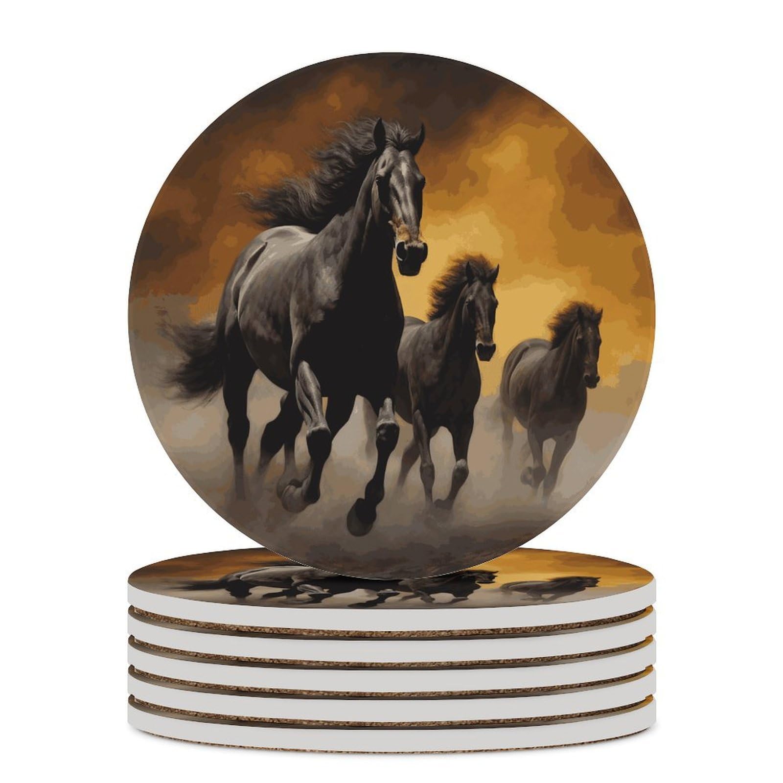 Running Black Horses podstawki pod napoje z uchwytem na stolik kawowy, ceramiczna podstawka z podstawą korkową, ceramiczna podstawka z kamienia do mrożonych zimnych lub gorących napojów, 10 cm