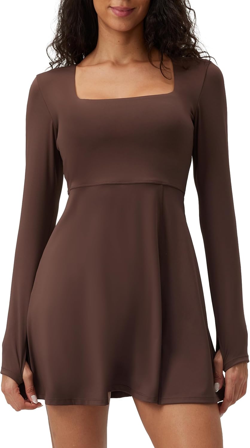 Square Neck Long Sleeves Tennis Dress One Piece Exercise Dress with Built-in Bra