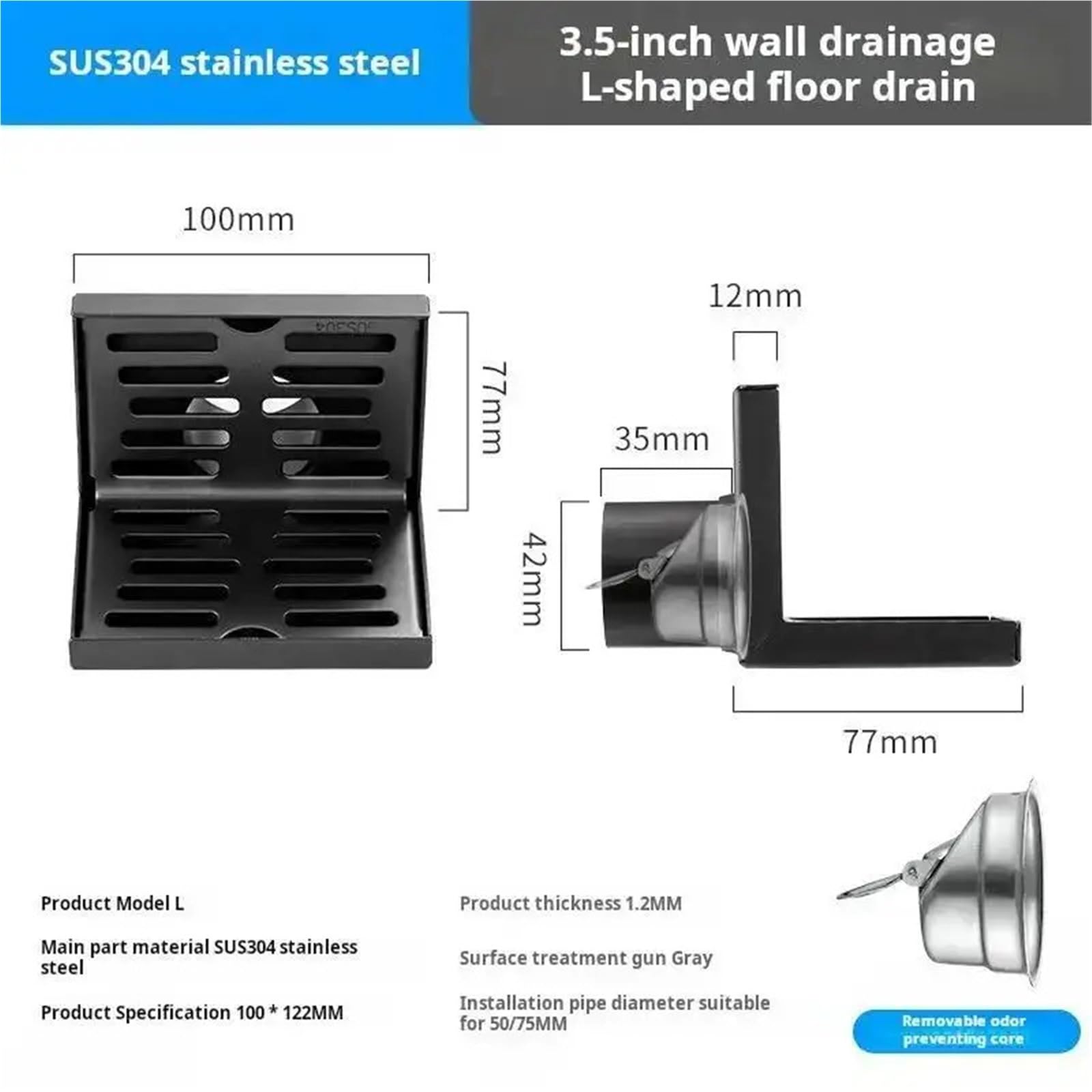 Desague Ducha Drenaje de Piso Esquina Acero Inoxidable 3,5/4/5 Pulgadas, Drenaje Lateral en Forma L for Ducha balcón tubería 50/75/110