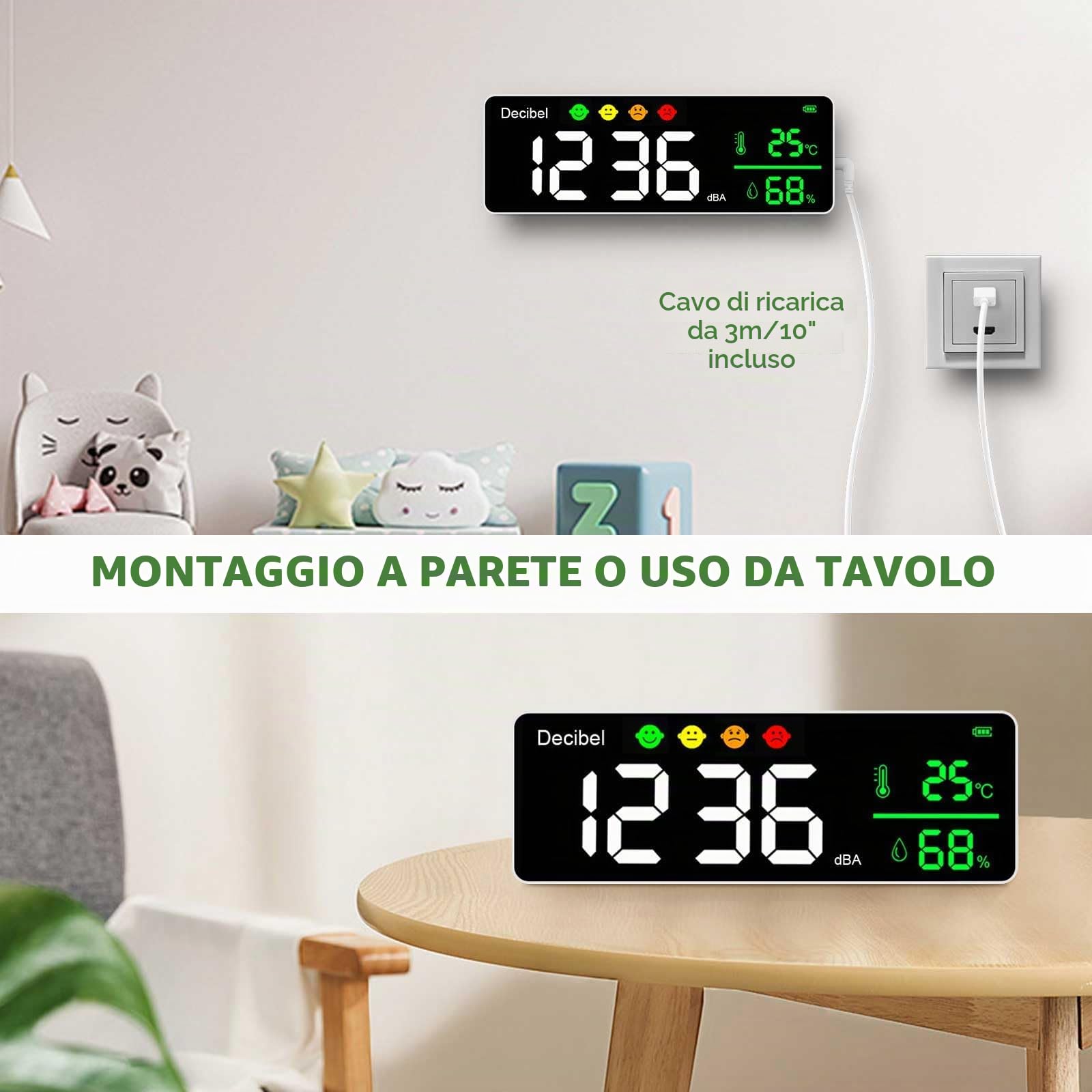 Fonometro 30~130dB 11" Display LCD Digitale Fonometro Professionale a Muro Misuratore di Livello Sonoro Decibel/Temperatura/Umidità con Allarme e USB Cavo per Casa Ufficio Scuola Bar Fabbrica