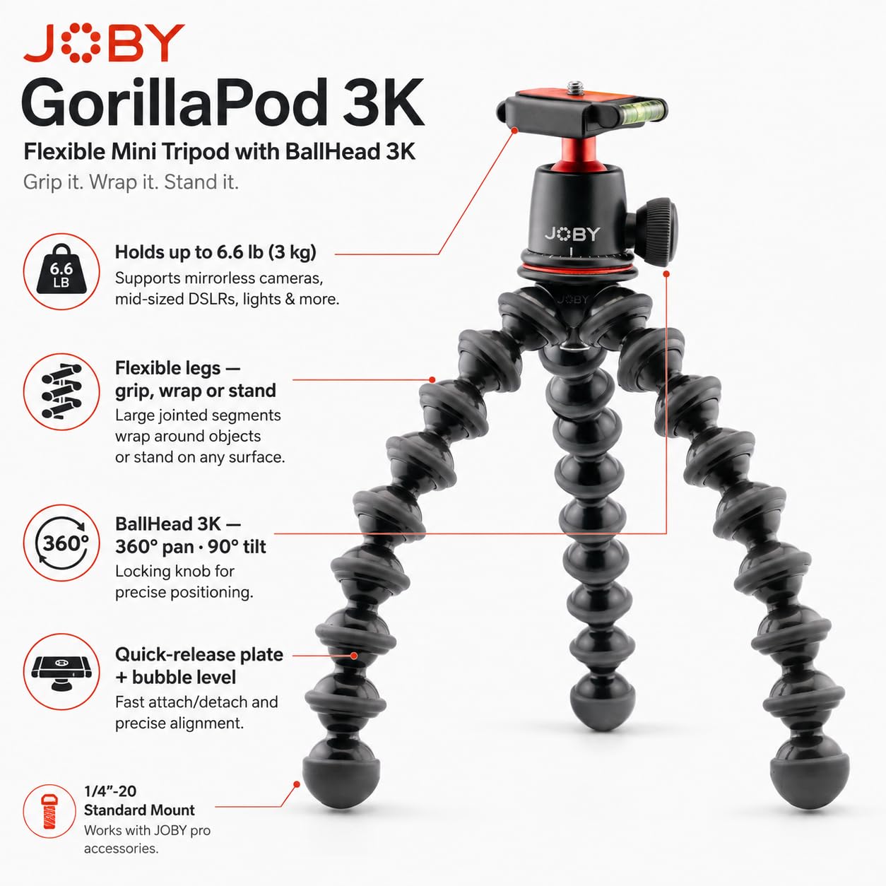 JOBY GorillaPod 3K Ultra Kit - Flexibles Stativ mit Kugelkopf für spiegellose & DSLR-Kameras, hält bis zu 6.6 lbs / 3 kg, 360-Grad-Schwenk- und 90-Grad-Neigung, Schnellwechselplatte, Wasserwaage