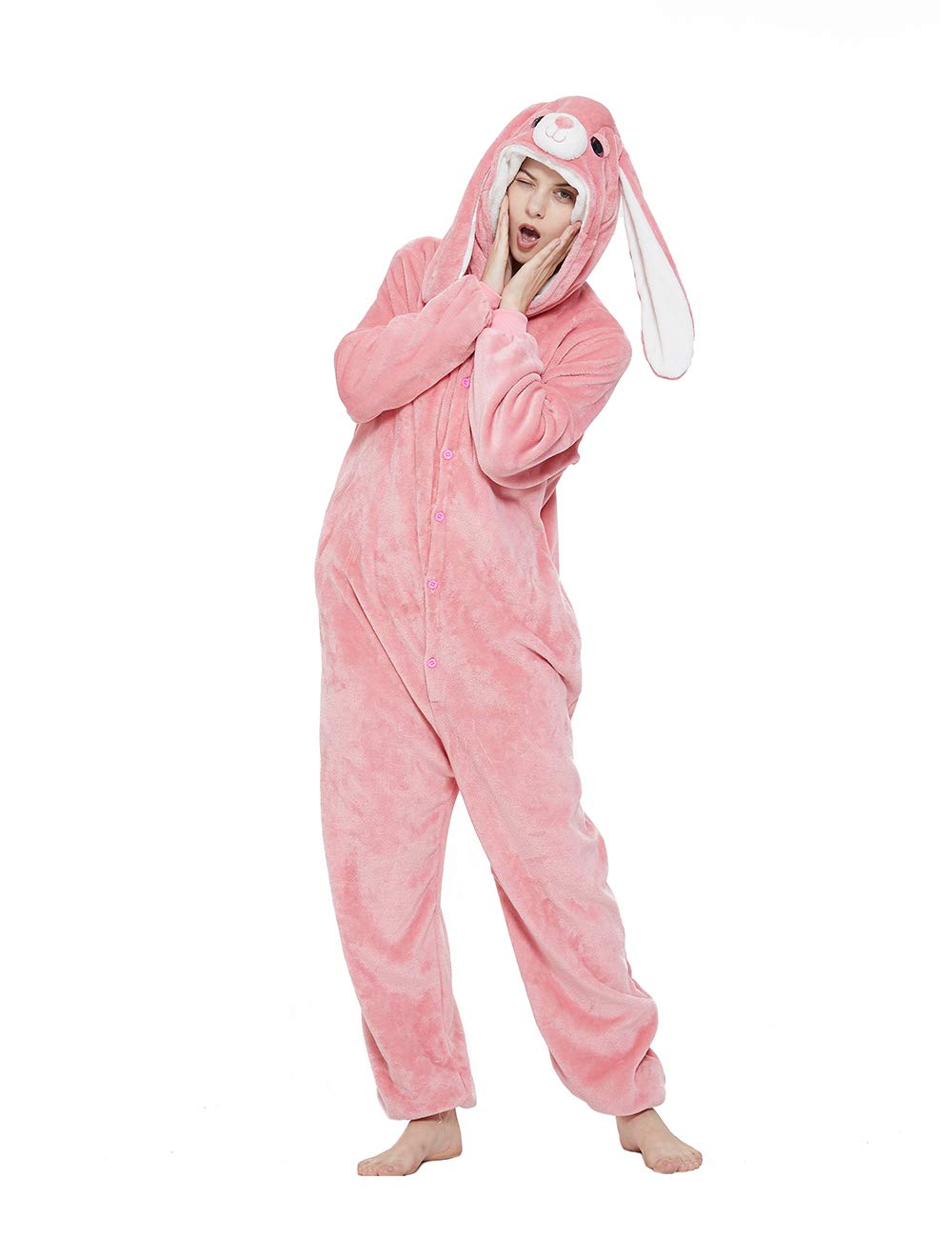 ABENCA Pijama enterizo de unicornio de forro polar para mujer, disfraz de una pieza para adultos, diseño de animales de dibujos animados, Navidad, Halloween, cosplay, Conejito rosado, S