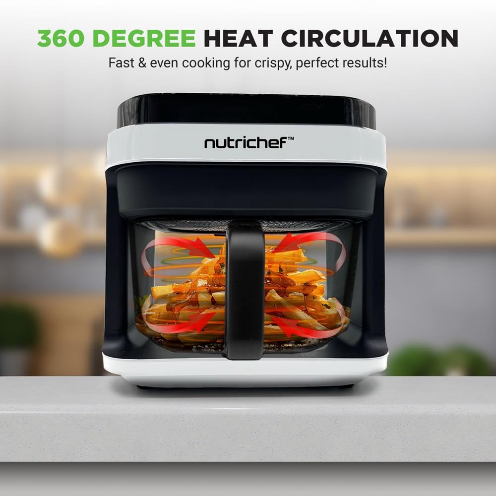 NutriChef Freidora de aire caliente de 5,5 L, color blanco, 8 en 1, con recipiente de cristal y pantalla táctil LED, para freír sin aceite, circulación de aire caliente de 360°, para patatas, pollo