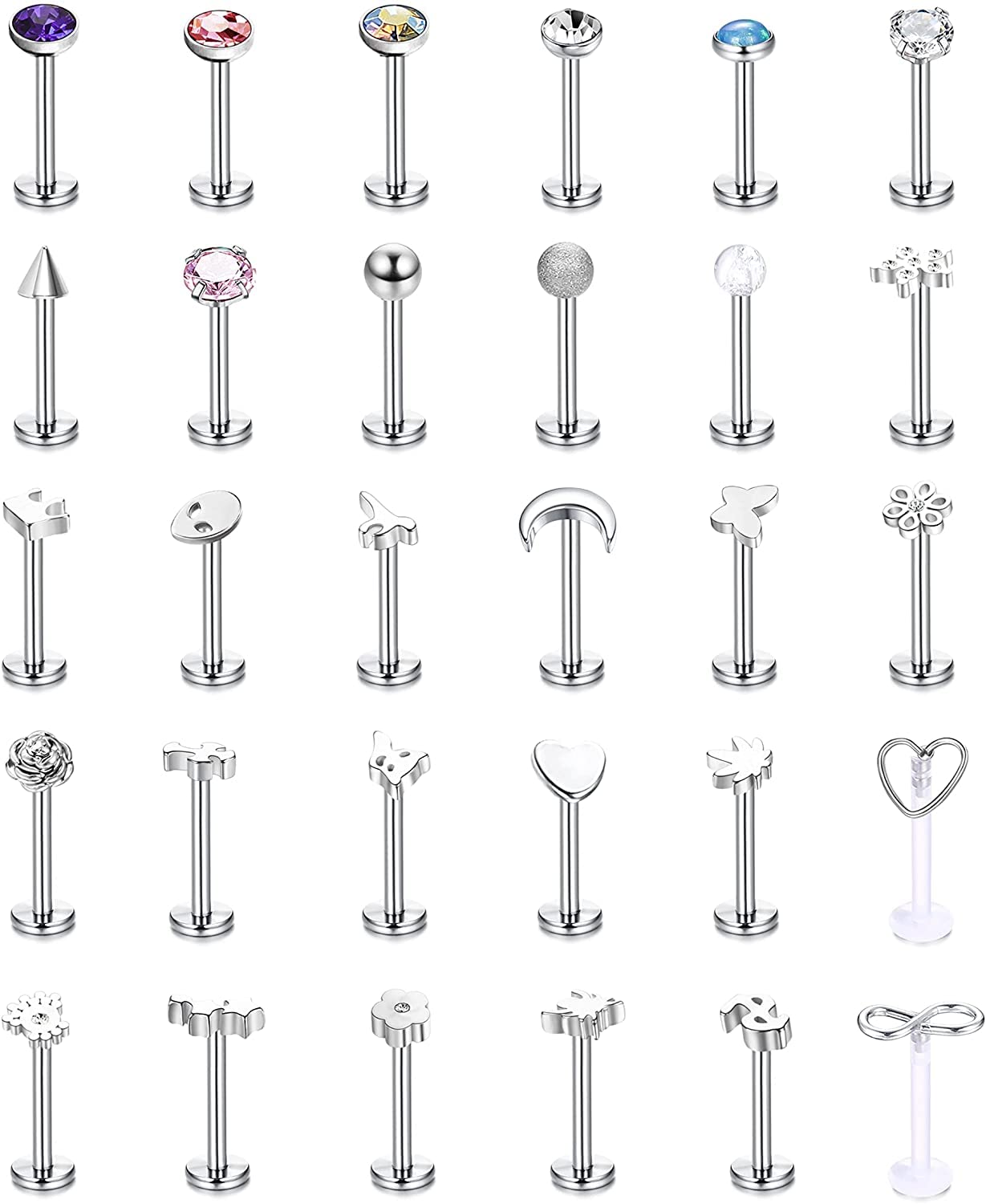 MILACOLATO 24-30PCS 16G 316L Pendientes de Labios de Acero Inoxidable Labret Para Mujeres Hombres Pavimentado CZ Perla Monroe Piercing Joyas Anillos de Labios Retenedor de Pernos 6 mm 8 mm 10 mm