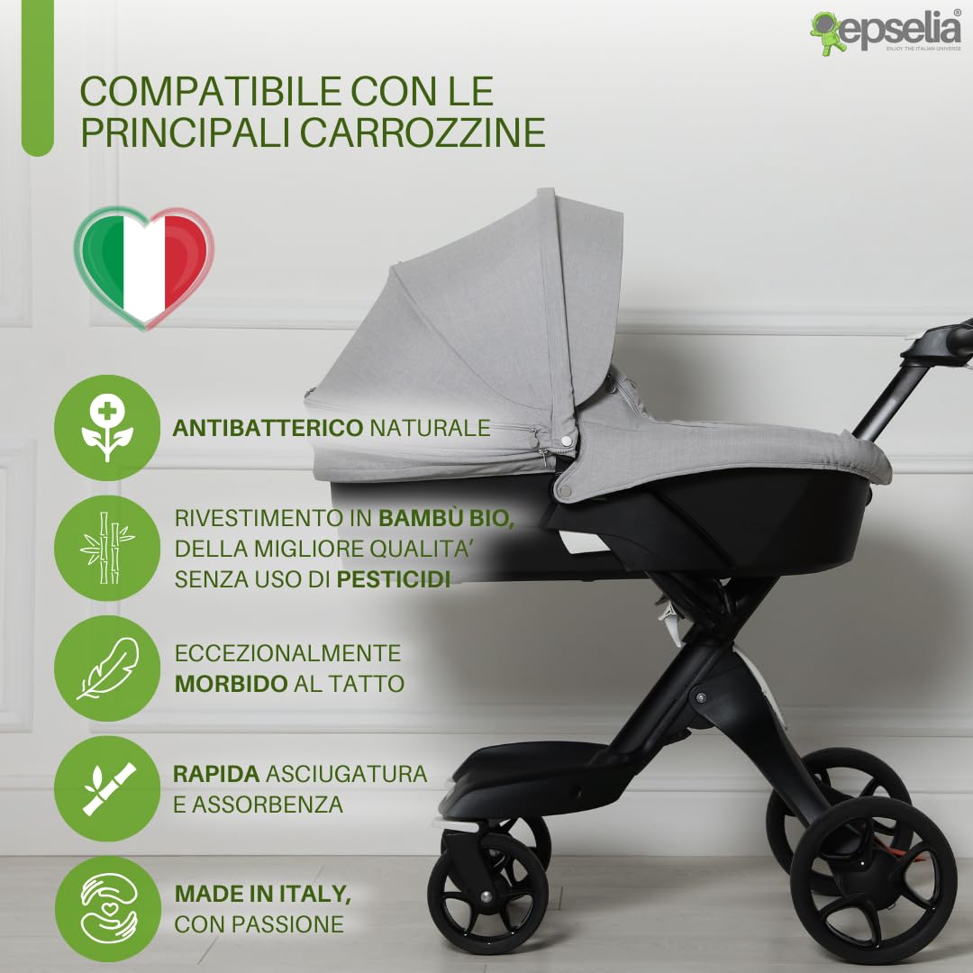EPSELIA Materassino in Bambù Bio per Carrozzina con Guanciale Antisoffoco EN16890:2017 Certipur Oeko-Tex