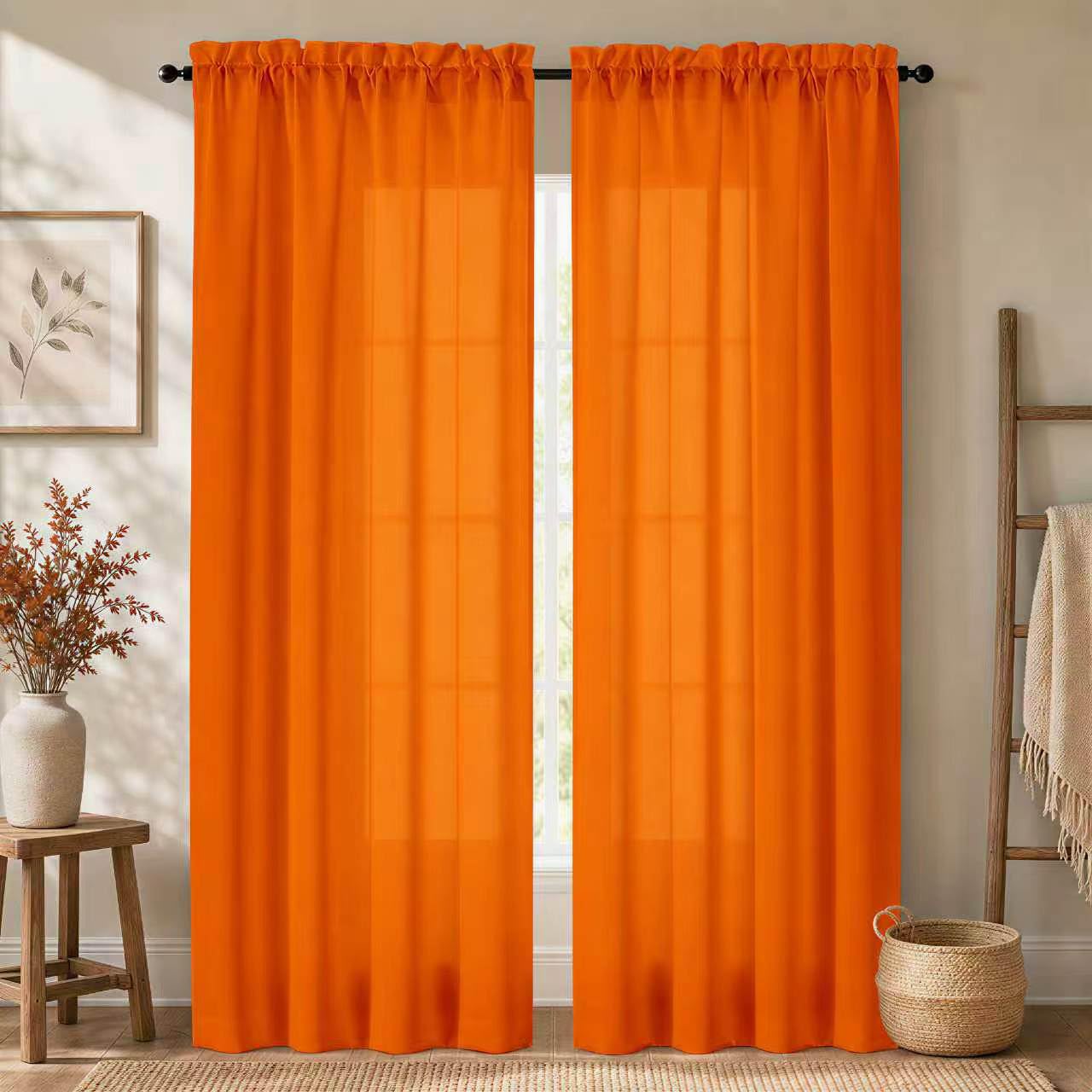 Photo 1 of 2 Panels Orange Curtains for Living Room Boho Solid Light Filtering Curtains for Bedroom Modern Bright Orange Window Treatment Set Rod Pocket Drapes Elegant Farmhouse Semi Sheer Curtains 52X84 Inches