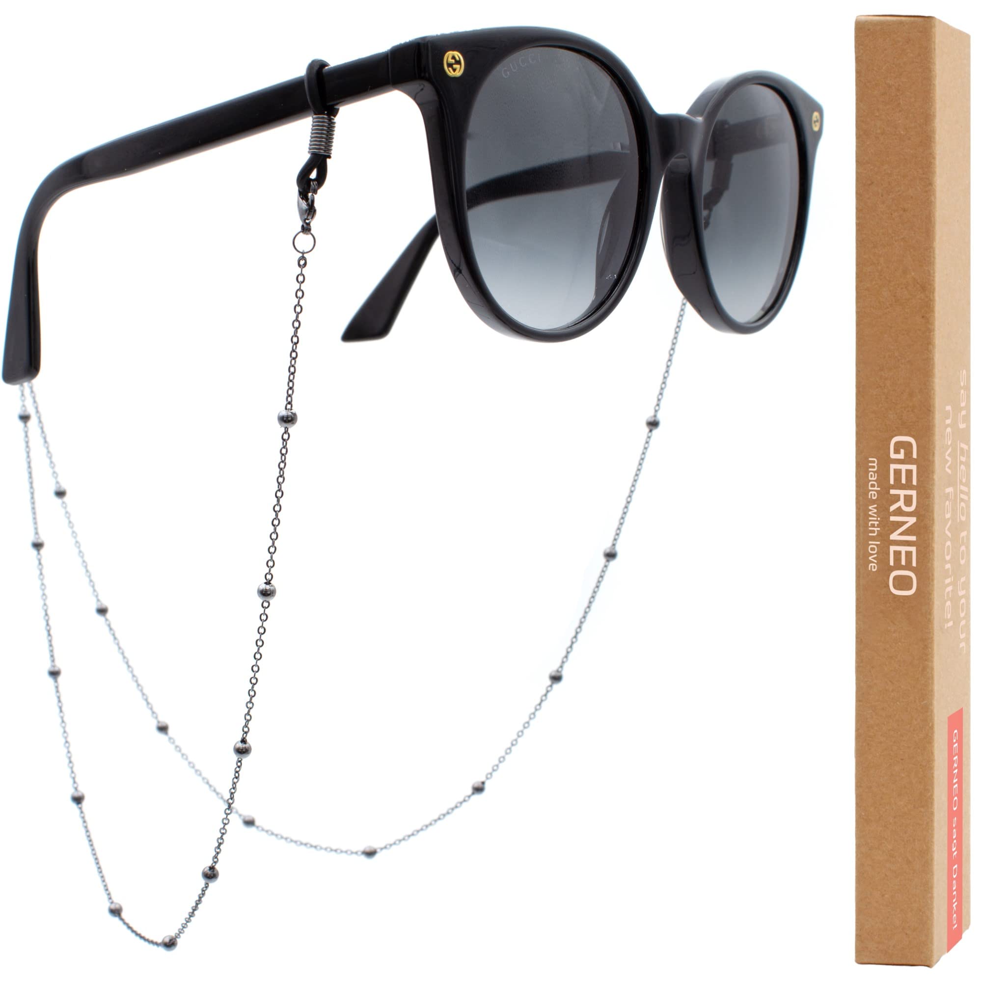 GERNEO Tulum – Collar de gafas de y banda para gafas en – de oro de 18 quilates o plata 925 – Cadena de bola combinada negra – Unisex para gafas de lectura, Negro