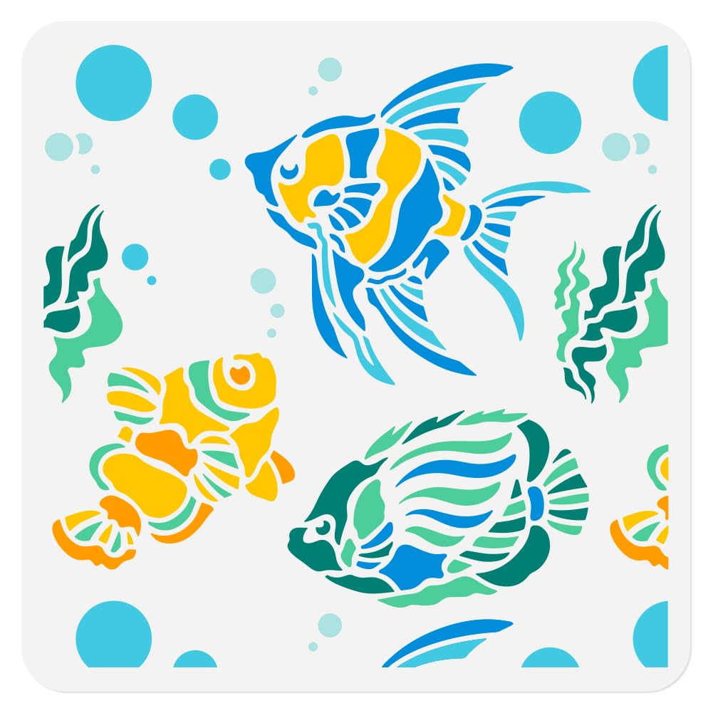 DOODLREAM Coral Fish Ocean Animal Stencil for Painting 30 x 30cm Reusable Plastic Fish Sea Animal Stencils for Painting on Wood Wall Fabric Furniture DIY Home Decor Craft Stencil