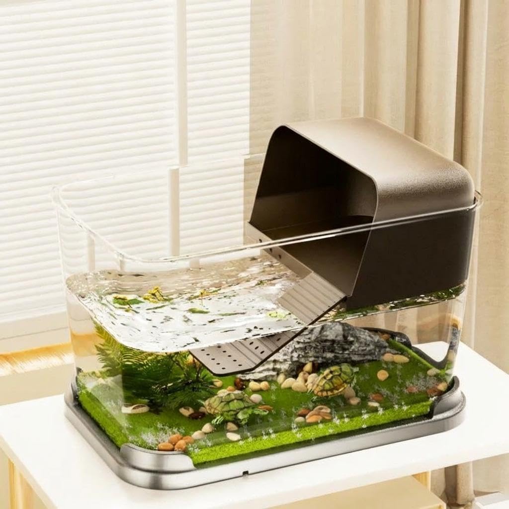 Turtle Tank Starter Kit, Turtle Aquarium with Basking Platform & Turtle Light, Acrylic Small Turtle Habitat for Small Turtles & Reptiles