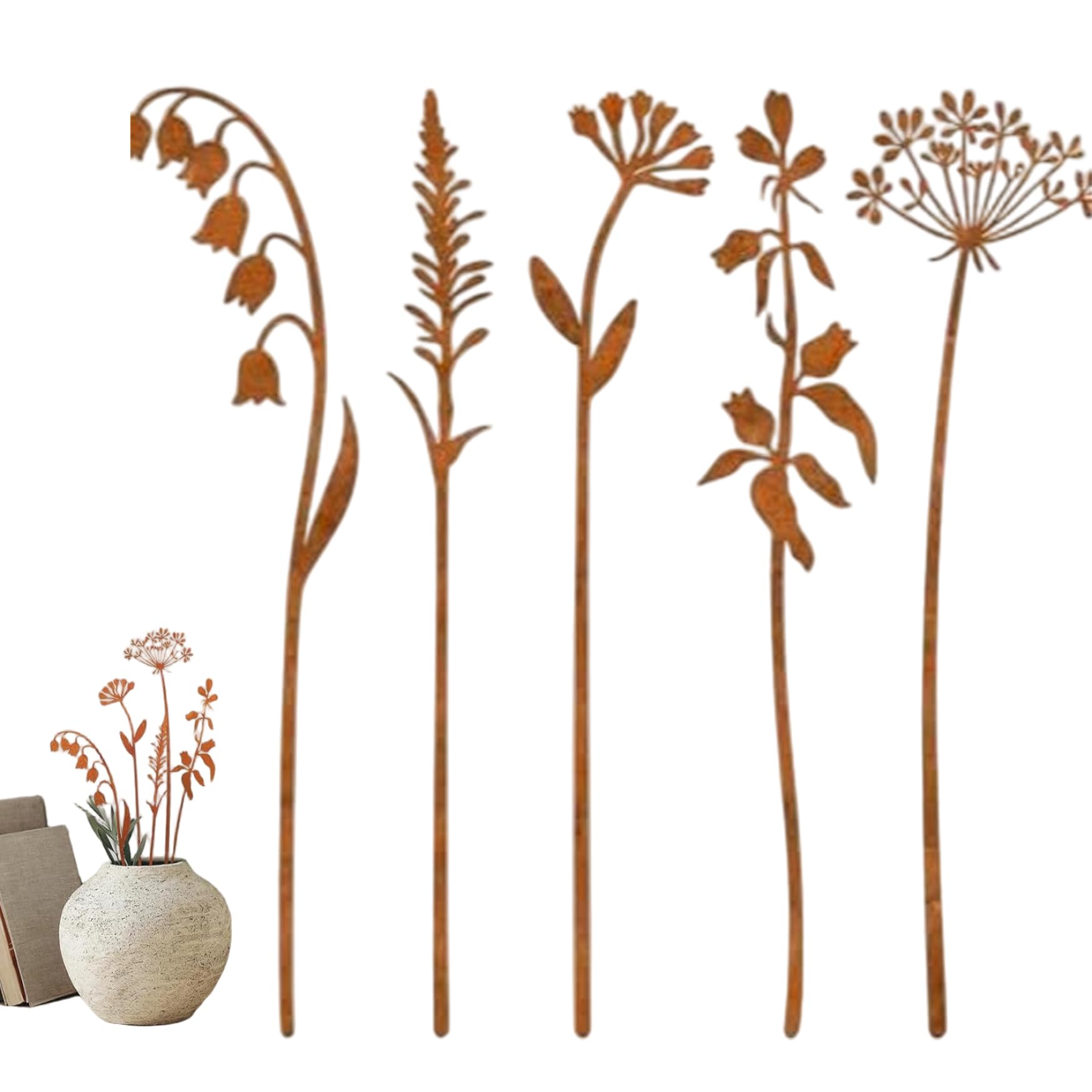 Wilafury Coffee Metal Flowers For Outside, 5Pcs Rustic Decorative Garden Stakes, Metal Yard Art For Lawn, Pathway & Flower Bed Decor
