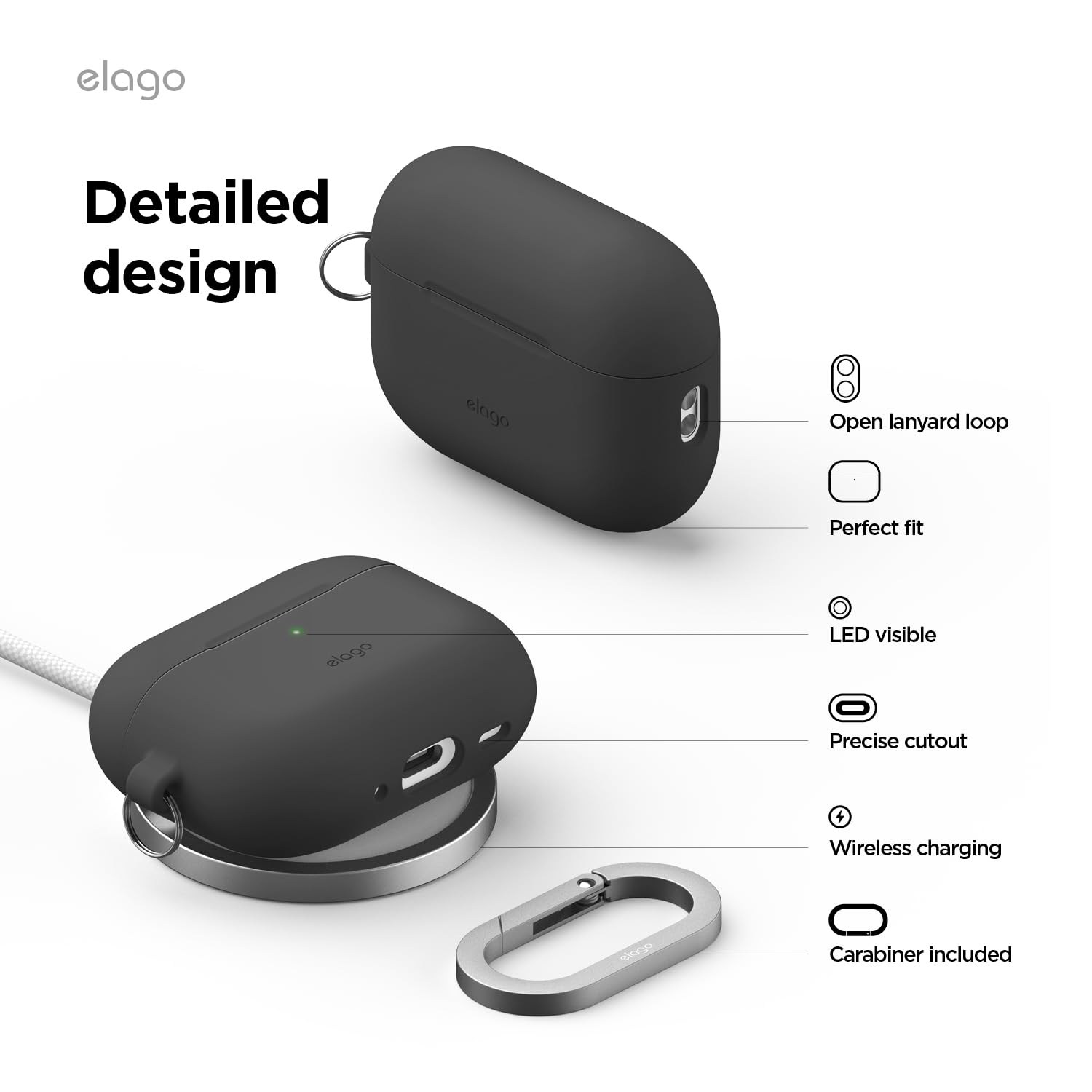 elago Custodia in Silicone Premium per AirPods Pro 3, Compatibile con Ricarica Wireless, Morbido, Protezione Totale, LED Frontale Visibile, con Moschettone (Nero)