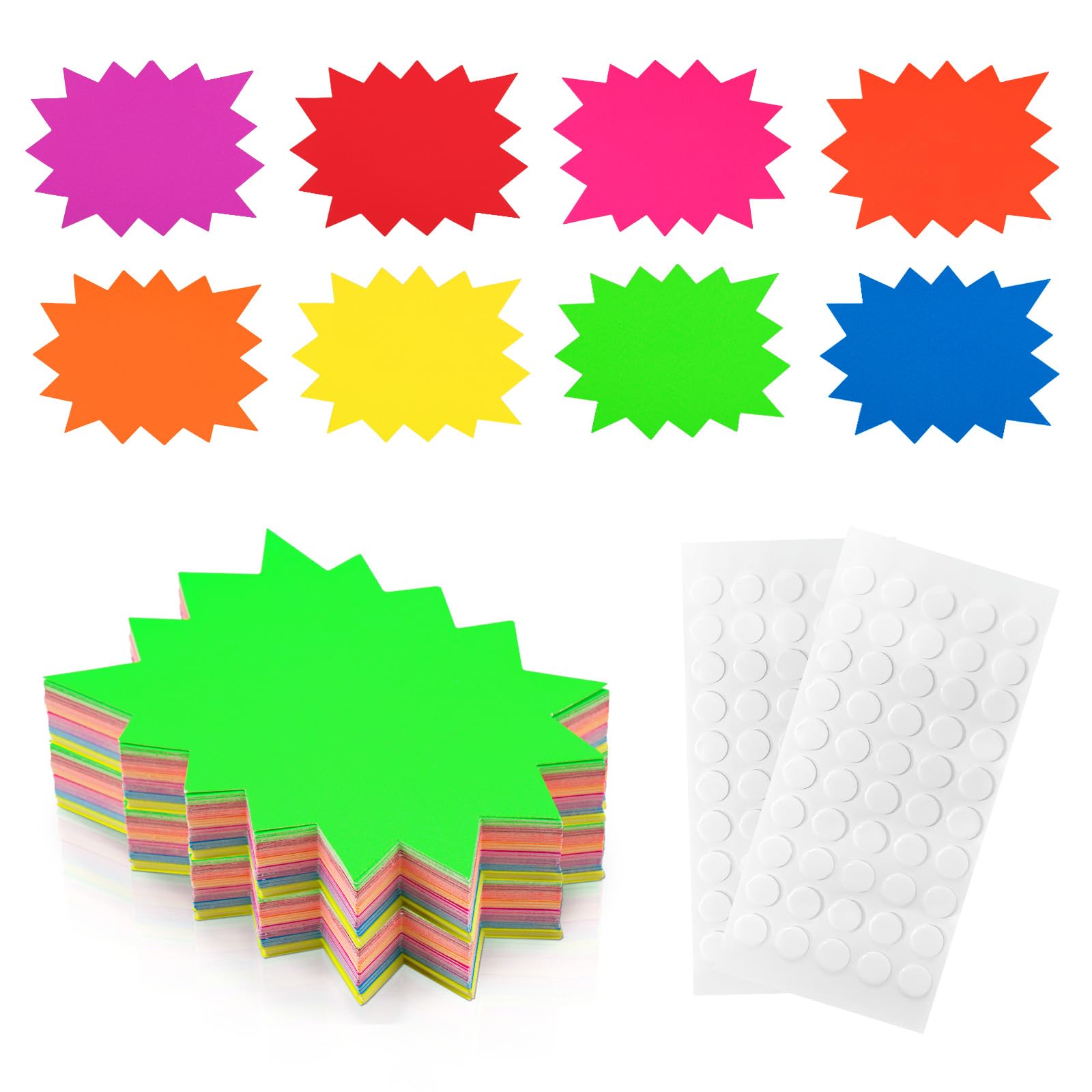 jijAcraft 13x17cm Neon Stars Price Tags: 80Pcs Flash Price Labels for Retail Display, 8 Colours Paper Fluorescent Starburst Sale Signs with 100 Sticky Dots for Shop, Market Stall, Classroom Use