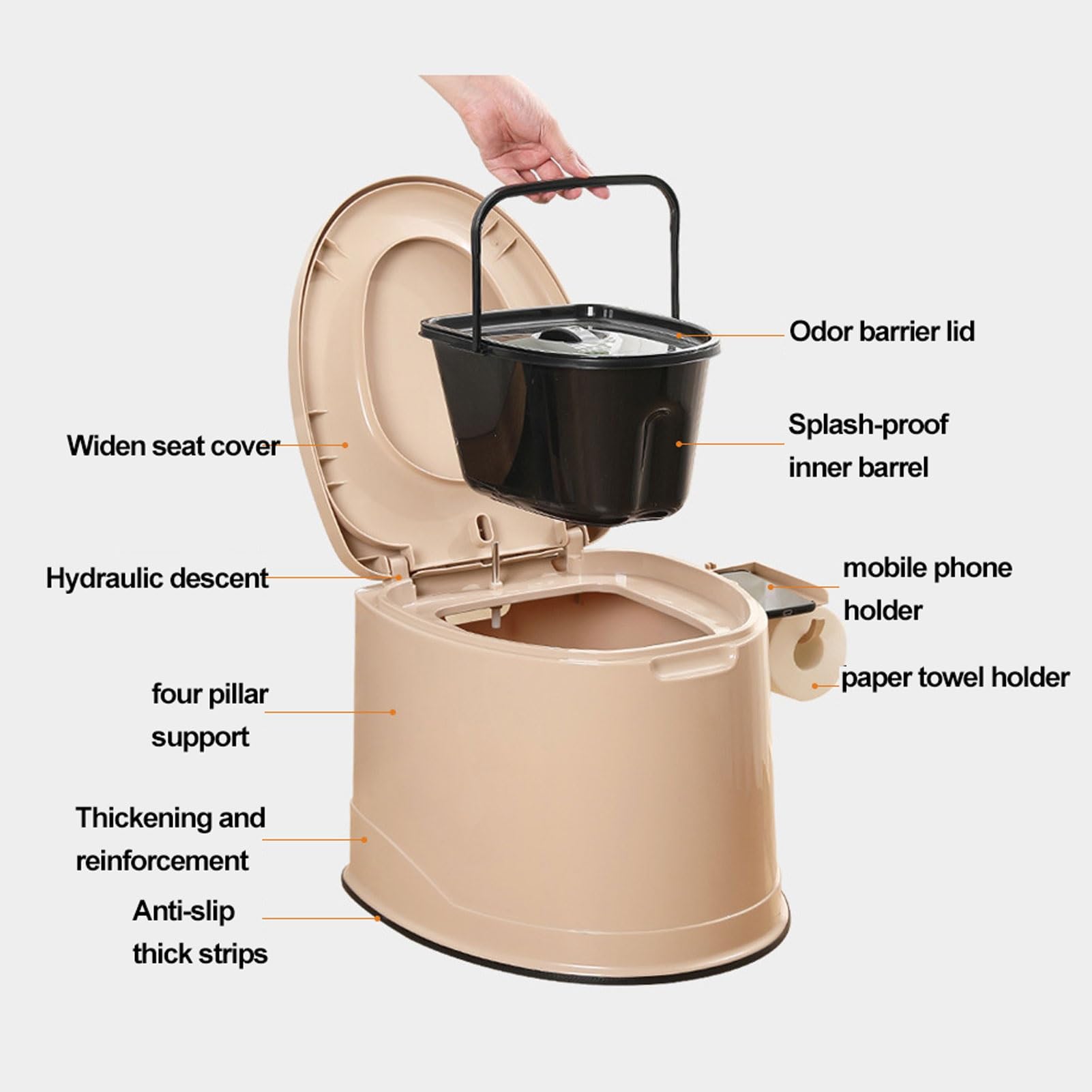 orinal, Inodoro portátil con asiento, tapa, asas y portarrollos, escupidera compacta, orinal de cámara Unisex for acampar en interiores exteriores