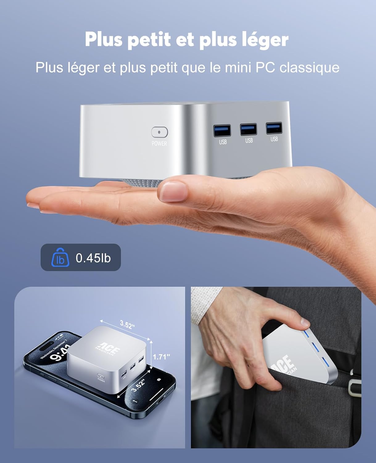 Diagram showing the various ports on the ACEMAGICIAN T8Plus Mini PC, including USB 3.1, RJ45 LAN, DC-in, Kensington Keyhole, 3.5mm Audio Jack, and HDMI 2.0 ports.