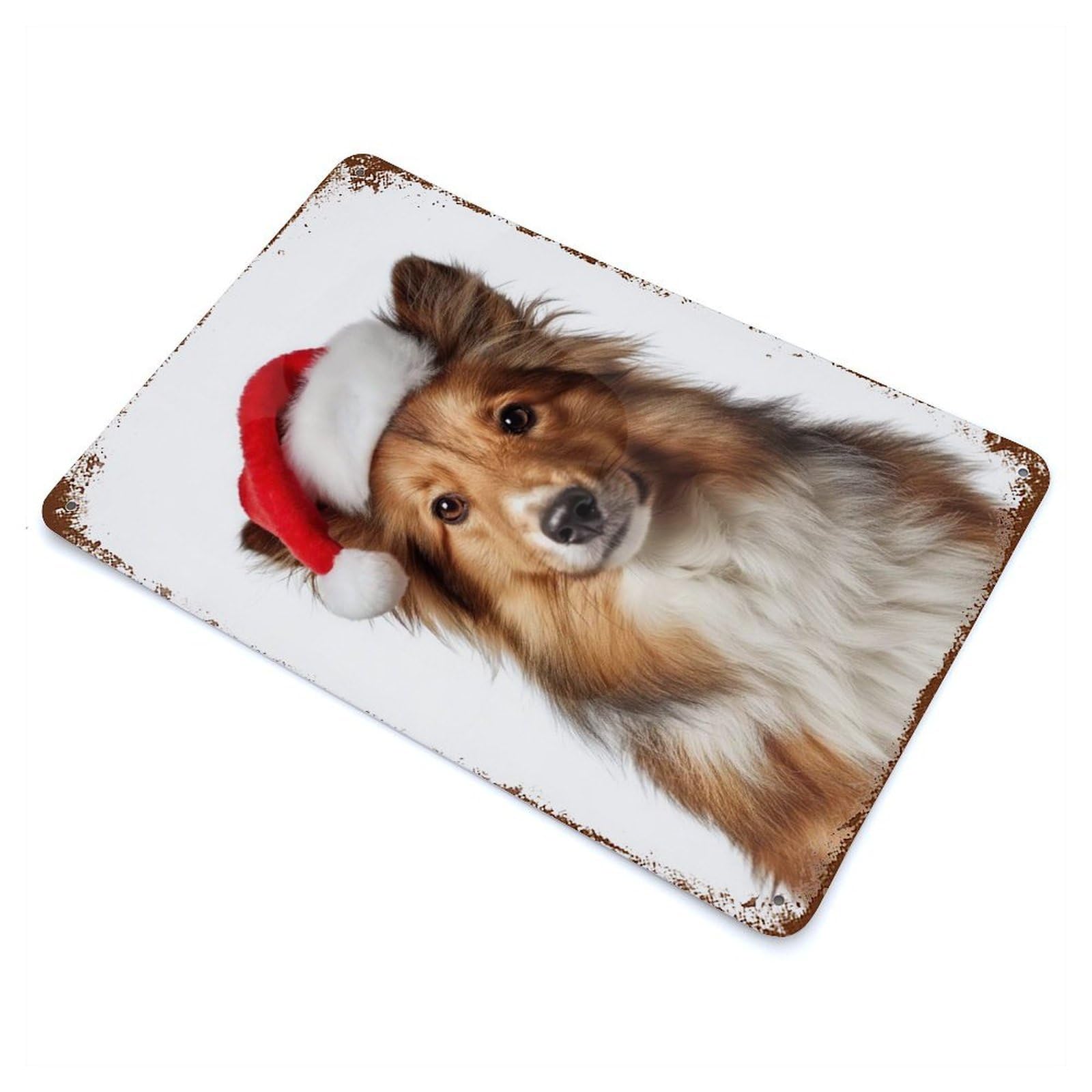 Shetland Sheepdog with Santa Hat Portrait Retro Metal Sign 11.8"x7.9", Classic Wall Plaque for Garage, Pub Or Kitchen