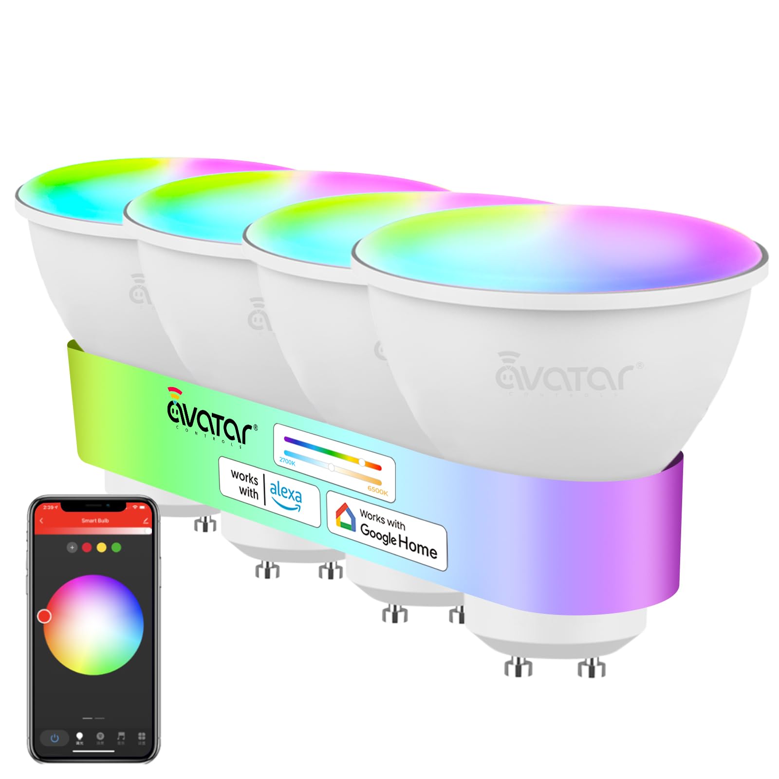 Alexa GU10 Smart Bulbs 4 Pack, 5W 500LM Smart Light Bulb, RGB + Warm to Cool White 2700‑6500K, Dimmable LED GU10 Bulb