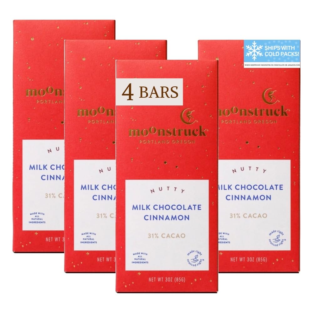 Moonstruck Chocolate Milk Chocolate Bar with Cinnamon Vanilla and Almond, 31% Cacao, 3.0oz (Pack of 4)
