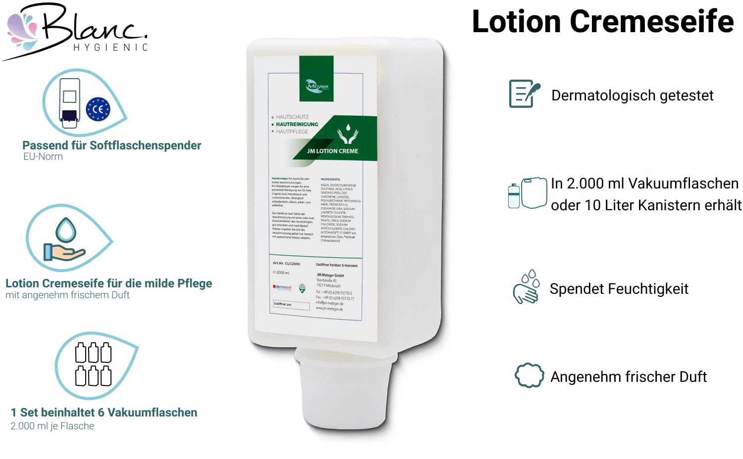 Lotion Cremeseife 6x2 Liter Vakuumflaschen | Dermatologisch getestet, 6x2 L Vakuumflaschen, Perlmutt-Effekt & milde Cremeseife
