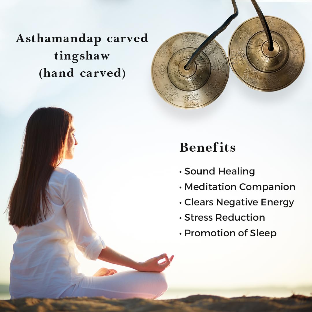 Tibetische Tingsha Becken Glocken Handgefertigte Tibetische Meditation mit buddhistischen Symbolen Tingsha Reine Bronze Tingsha Glocke Yoga Meditation Chimes ca 3,5 Zoll mit Asthamandap Craved