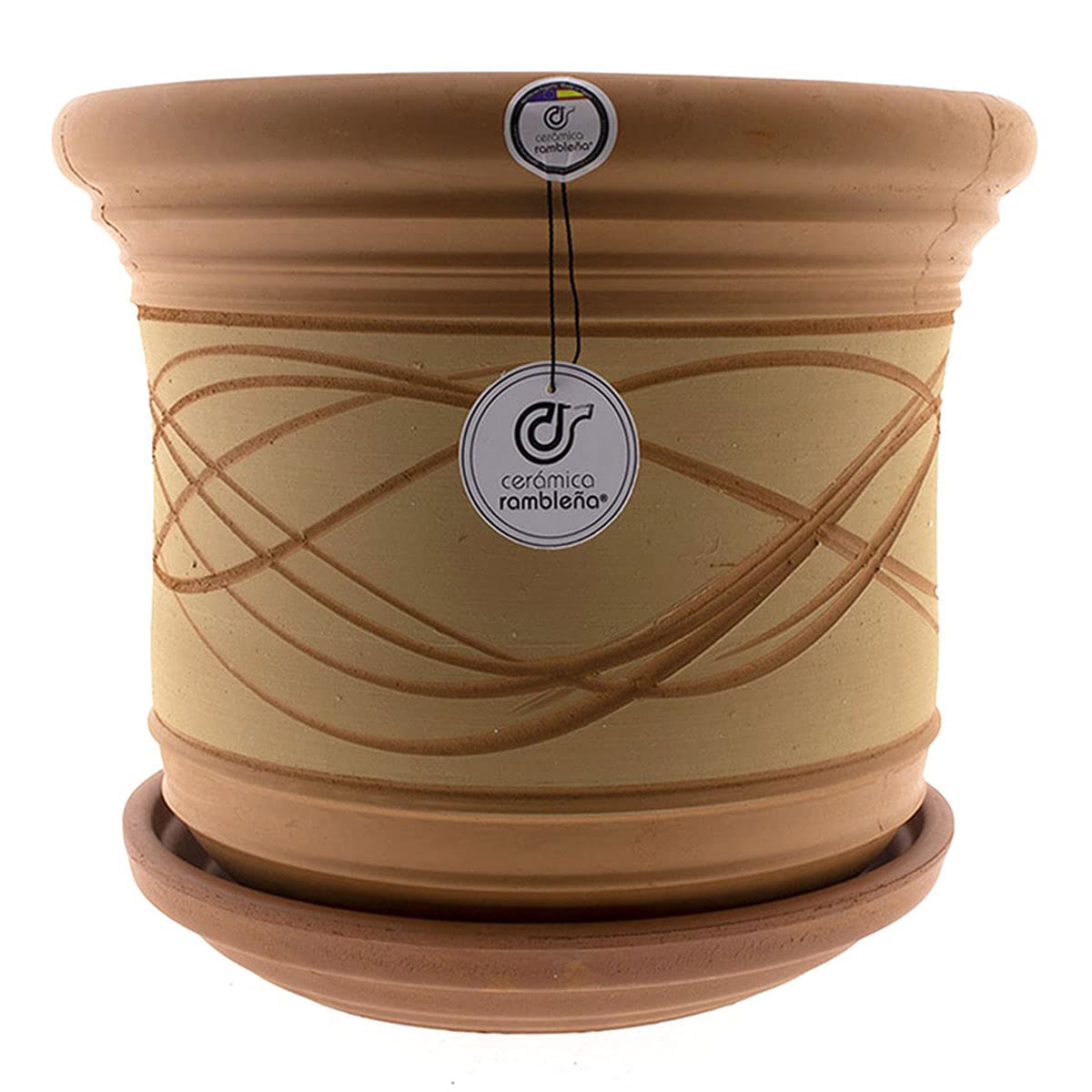 CERÁMICA RAMBLEÑA | Maceta Grande | Maceta Original | Maceta Exterior | Maceta Suelo Campana Baja Rústica-Hilo - Modelo J31 | Plato Incluido | 33x33x30 cm
