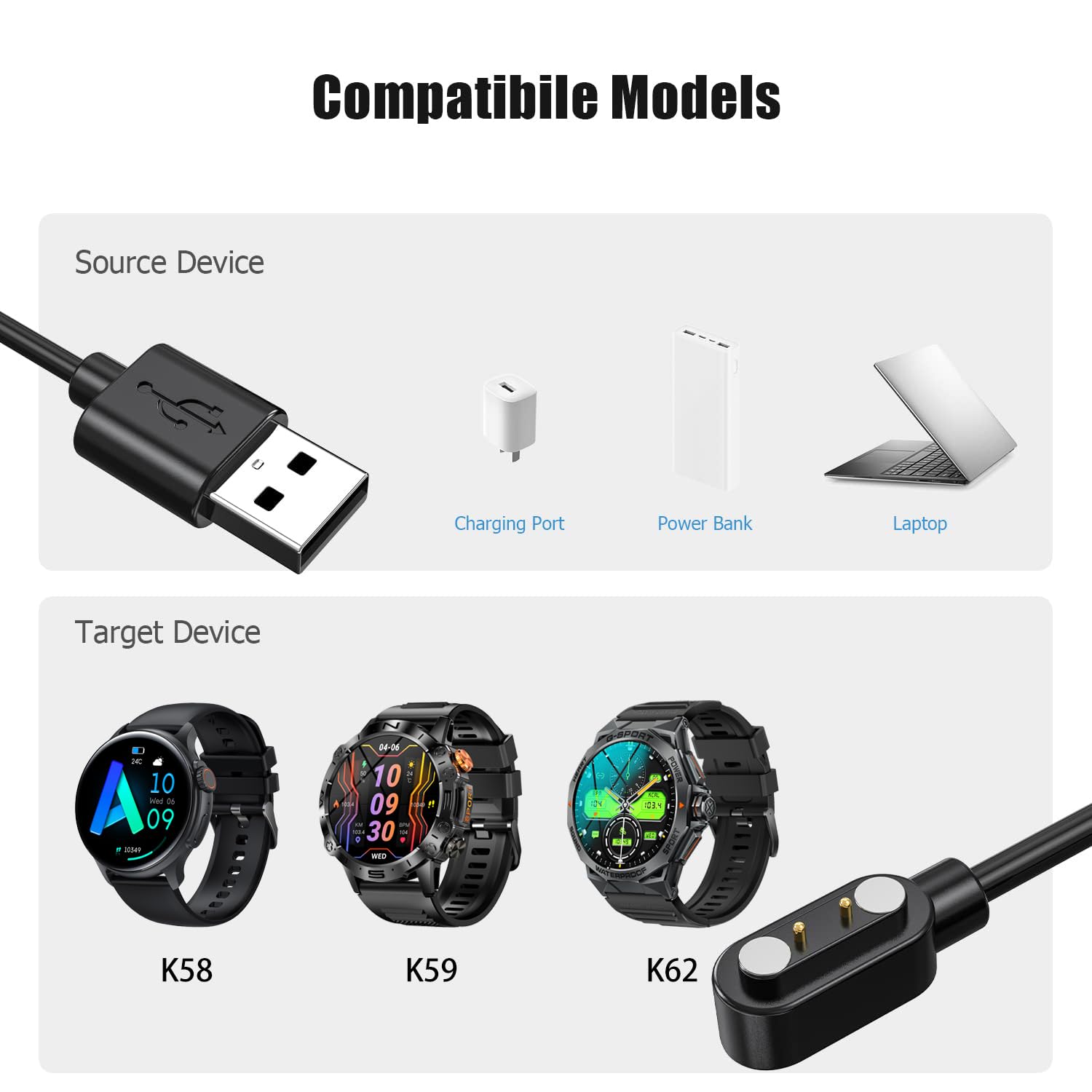 PODOEIL Magnetic Universal Charger for Smart Watches, Compatible with K58/K59/K62 Smartwatch, 2 Pin Magnetic Suction, 2.8mm Cable Contact Pin Spacing