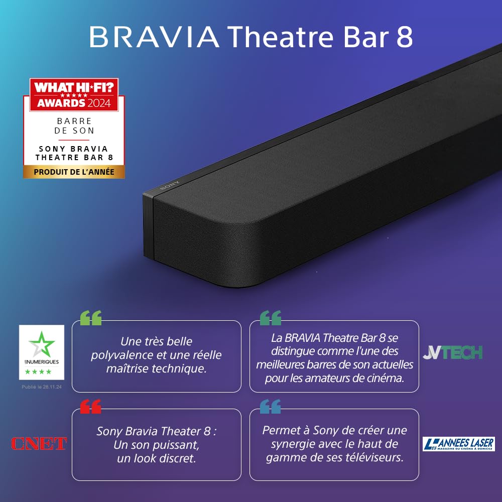Sony BRAVIA Theatre Bar 8 – Barre de Son TV Dolby Atmos®, 11 Haut-parleurs, Wi-FI®, Bluetooth®, 360 Spatial Sound Mapping, Modèle 2024