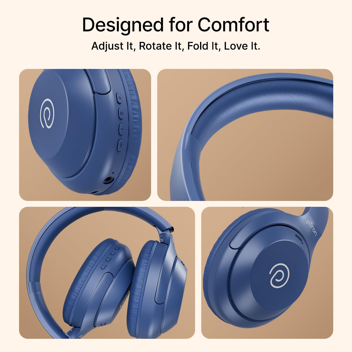 pTron Studio Classic with 75Hrs Playtime, Dual Device Pairing, Wireless Over Ear Headphones with HD Mic, Deep Bass, TruTalk AI-ENC Calls, Low-Latency Game & Music, BT5.4 & Type-C Charging (Navy) — Amazon image 9