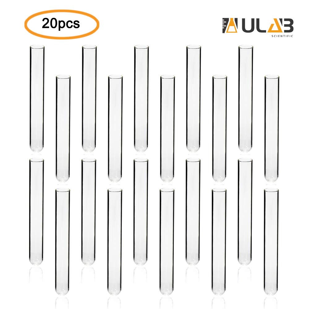 ULAB Científica tubos de ensayo de vidrio cilíndrico, vol.20 ml, 20 x 150 mm, material de vidrio de borosilicato 3.3, paquete de 20, UTT1006