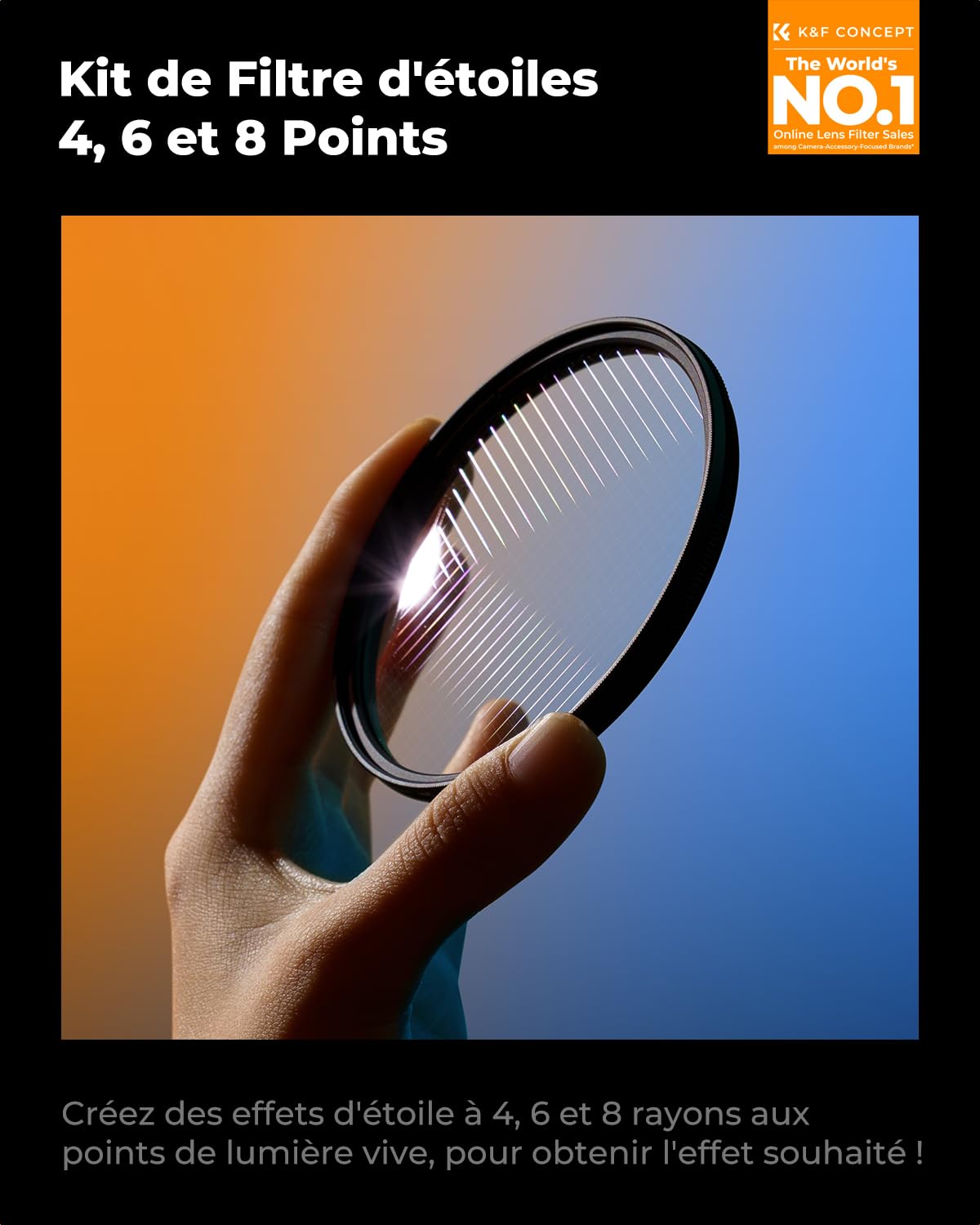 K&F CONCEPT Ø77mm Filtre Étoile 4+6+8 Points Filtre Star Effets Spéciaux et 3 Chiffon et Sac pour Objectif Appareil Photo