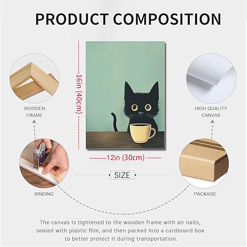 Miniatura 4 de Yaneiro Arte de pared enmarcado divertido de gato negro, imagen abstracta para beber café, lindo gato negro retro, decoración de pared, póster de