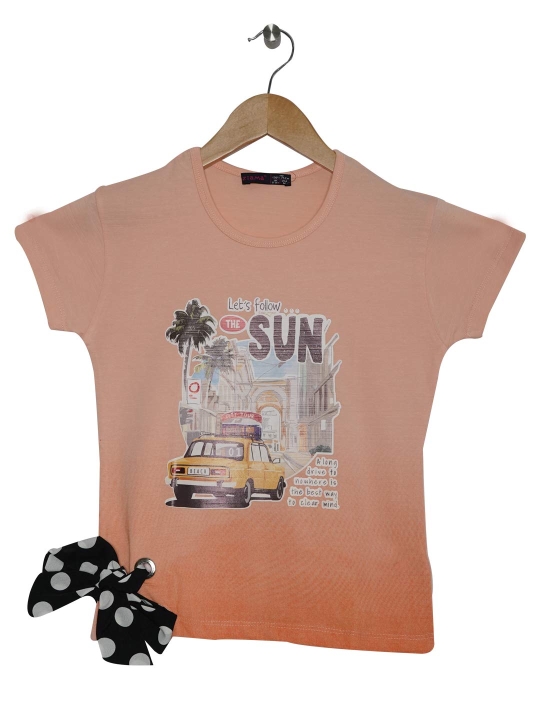 ZiamaGirls Cotton Blend Printed Regular Fit Short Sleeve Round Neck Top