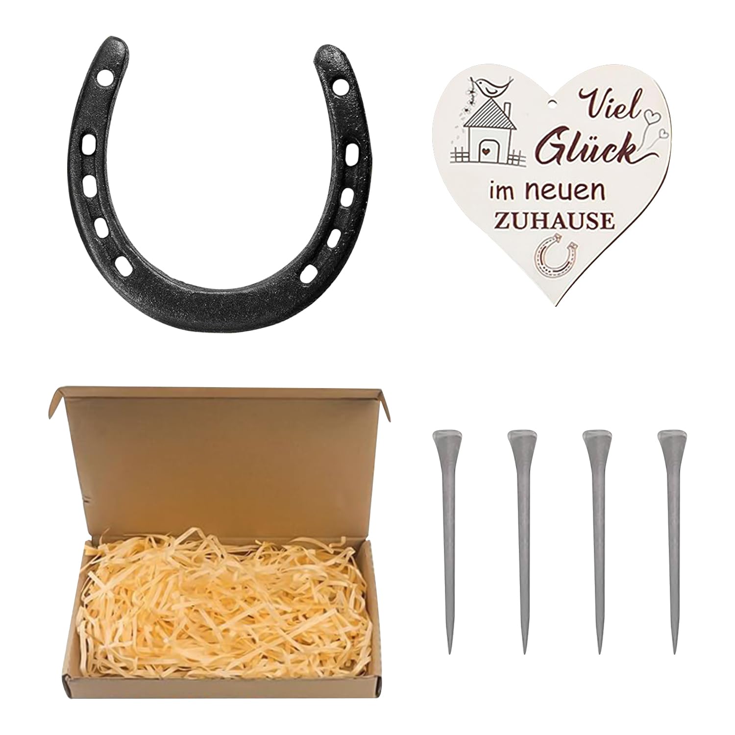 NYGGTYK 1 juego de herradura con placa de madera en forma de corazón, 4 clavos, herradura, amuleto de la suerte, regalo de decoración de caballos, regalo de herradura para inauguración de la casa