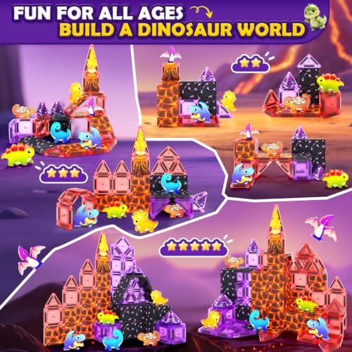 Image of Mini Magnetic Tiles Kids Dinosaur Toys, Magnetic Blocks with 6 Dinosaurs | Road Trip Essentials for Car & Airplane Magnet Tiles STEM Construction Building Toys, Gifts & Toys for Boys Girls Ages 3-12