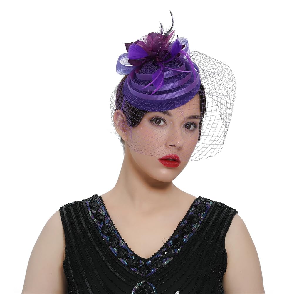 Tocado de Pelo Floral con Plumas para Mujer, Diadema para Boda, Novia, cóctel, Sombreros (Morado, Talla única)