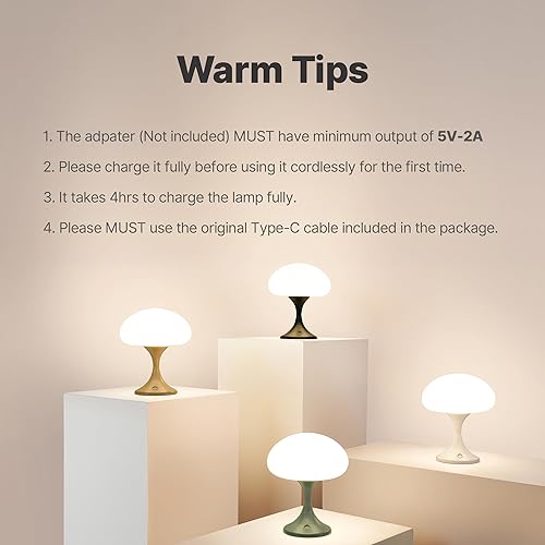 Miniatura 9 de Lámpara de mesa inalámbrica con forma de hongo, regulable y recargable con pantalla de cristal de ópalo, lámpara táctil de mesa de noche de 3
